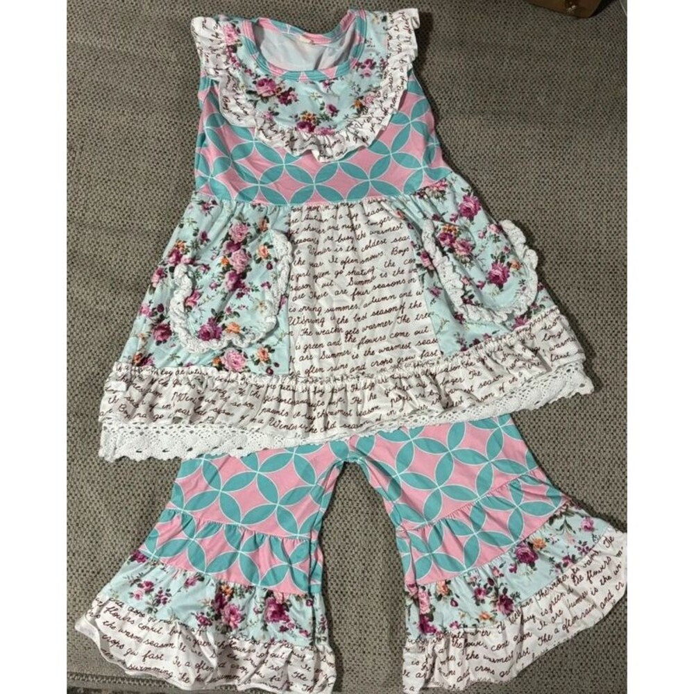 Girls 4T Boutique Floral Tunic & Triple Ruffle Bell Bottom Pants Set Boho